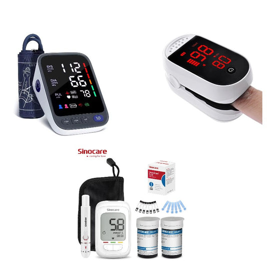 Vital Function Values Measurement Product Set consisting of 3 products (Blood Pressure Monitor + Pulse Oximeter + Blood Glucose Monitor)